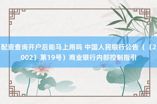 配资查询开户后能马上用吗 中国人民银行公告（〔2002〕第19号）　　商业银行内部控制指引